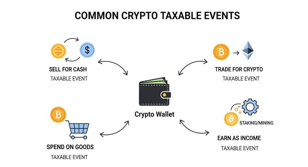 Diagram of common taxable cryptocurrency events (sell, trade, spend, earn)