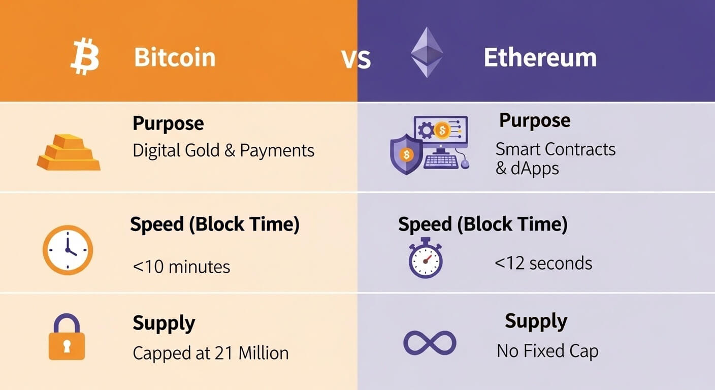 Infographic comparing Bitcoin and Ethereum