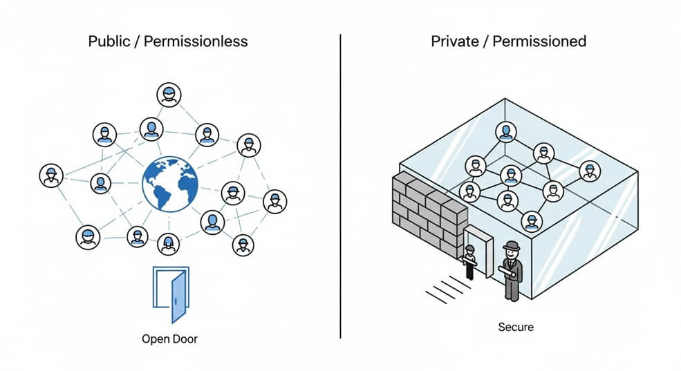 Diagram contrasting public and private blockchains