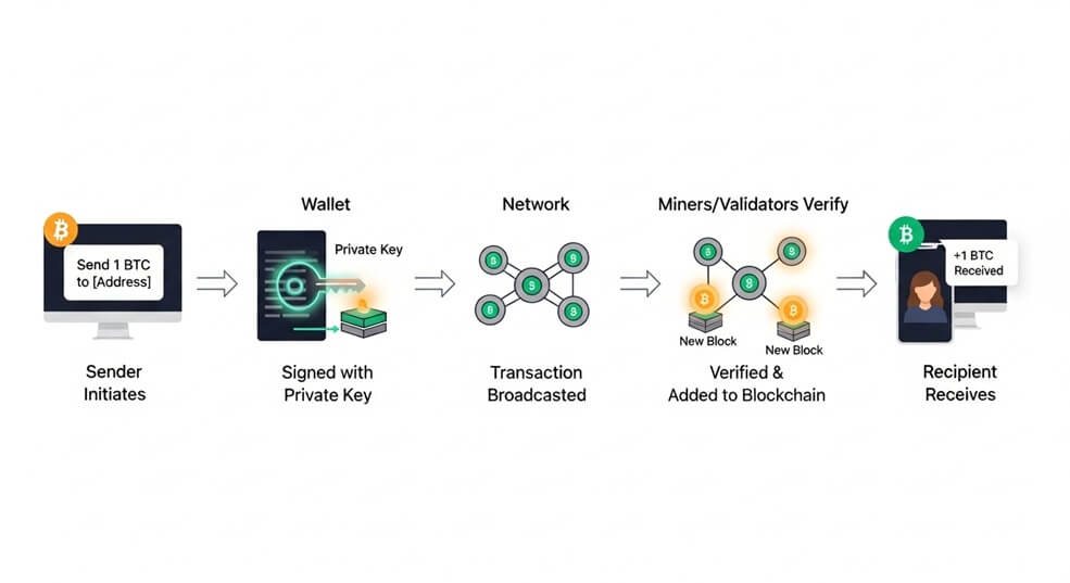 Flowchart of a crypto transaction from sender to recipient via the blockchain