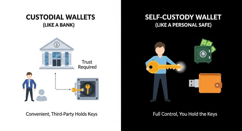 Diagram contrasting custodial vs. self-custody wallets