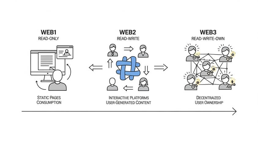Timeline from Web 1.0 (static read-only pages) to Web 2.0 (interactive platforms) to Web 3.0 (decentralized, user-owned internet)