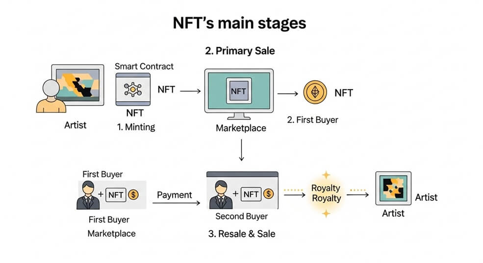 Diagram of NFT minting → sale → resale lifecycle