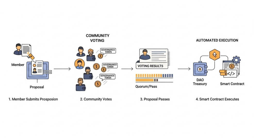 Diagram showing members → proposals → voting → smart-contract execution