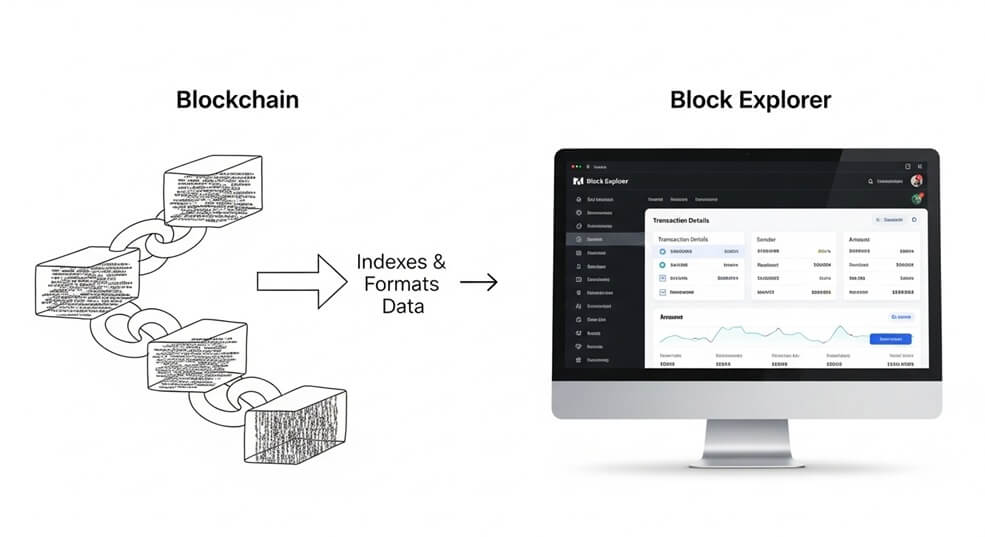 Diagram showing how a block explorer indexes blockchain data